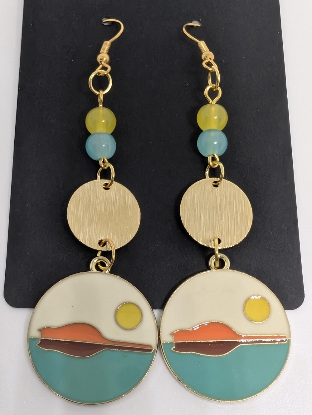 Handmade Beaded Boho Abstract Sunset Landscape Cat Dangle Earrings